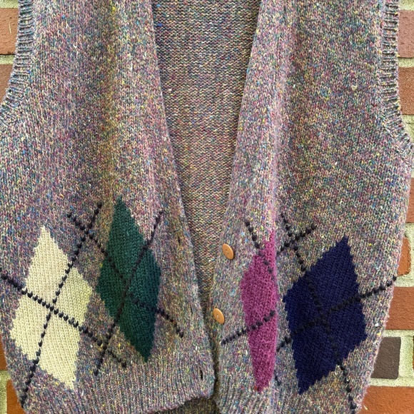 SML Sport Vintage Argyle Button Up Sweater Vest Purple Blue Green Cream Wool- L - Picture 2 of 4
